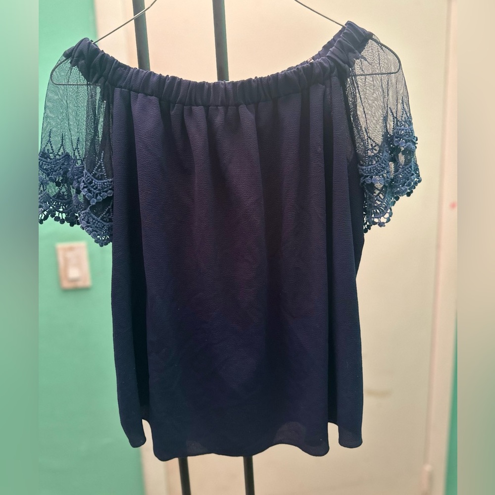 Navy Blue Meshy Off the Shoulder Blouse